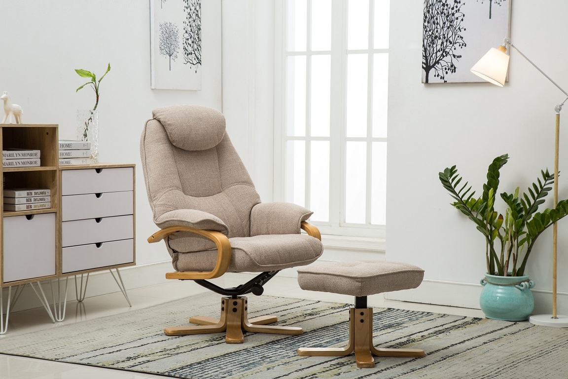 Harlow Swivel Recliner Chair and Stool Set Wheat Fabric Fairway