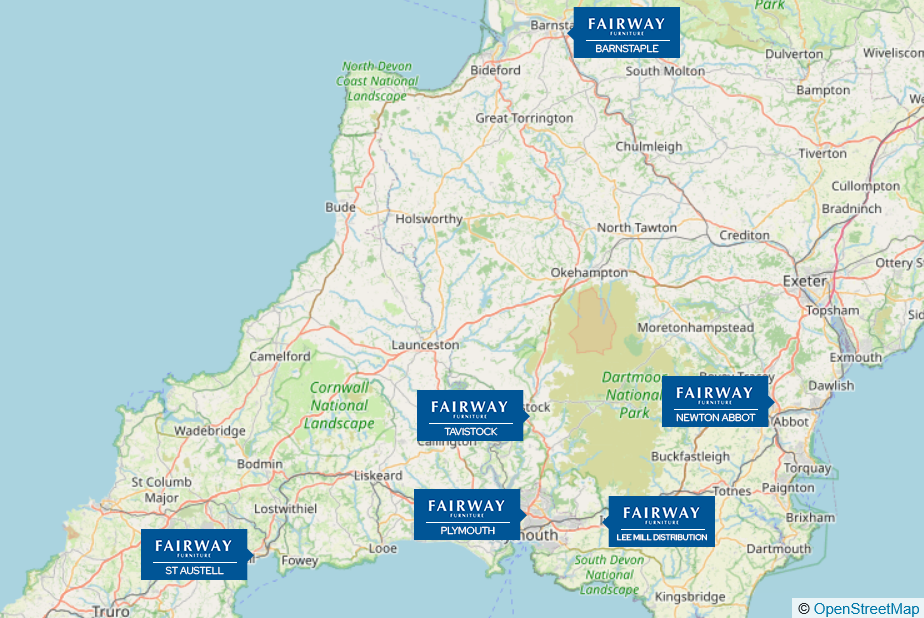 Our stores across Devon & Cornwall on a map